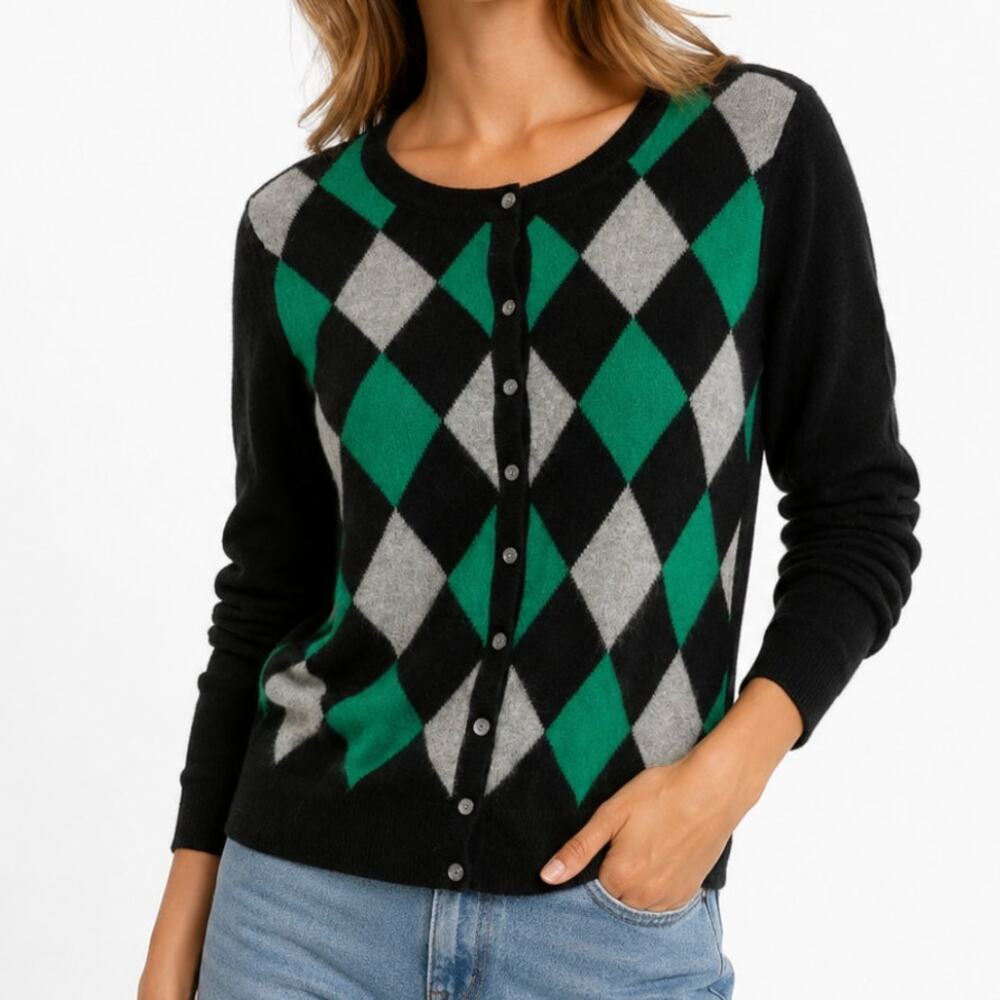 Cashmere Argyle Cardigan Sweater Green Black Gray Size M Dark Academia Old Money